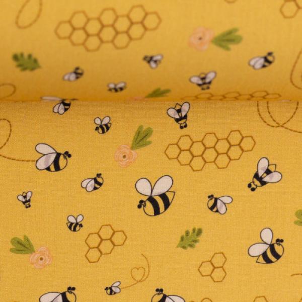 Baumwolldruck Bienen goldgelb von Swafing